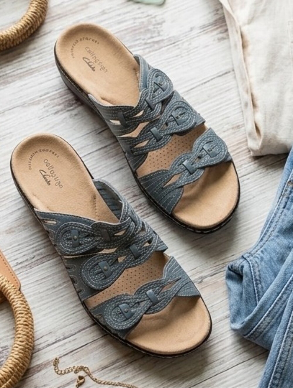 Clarks Women's Gray Braided Slide Sandals